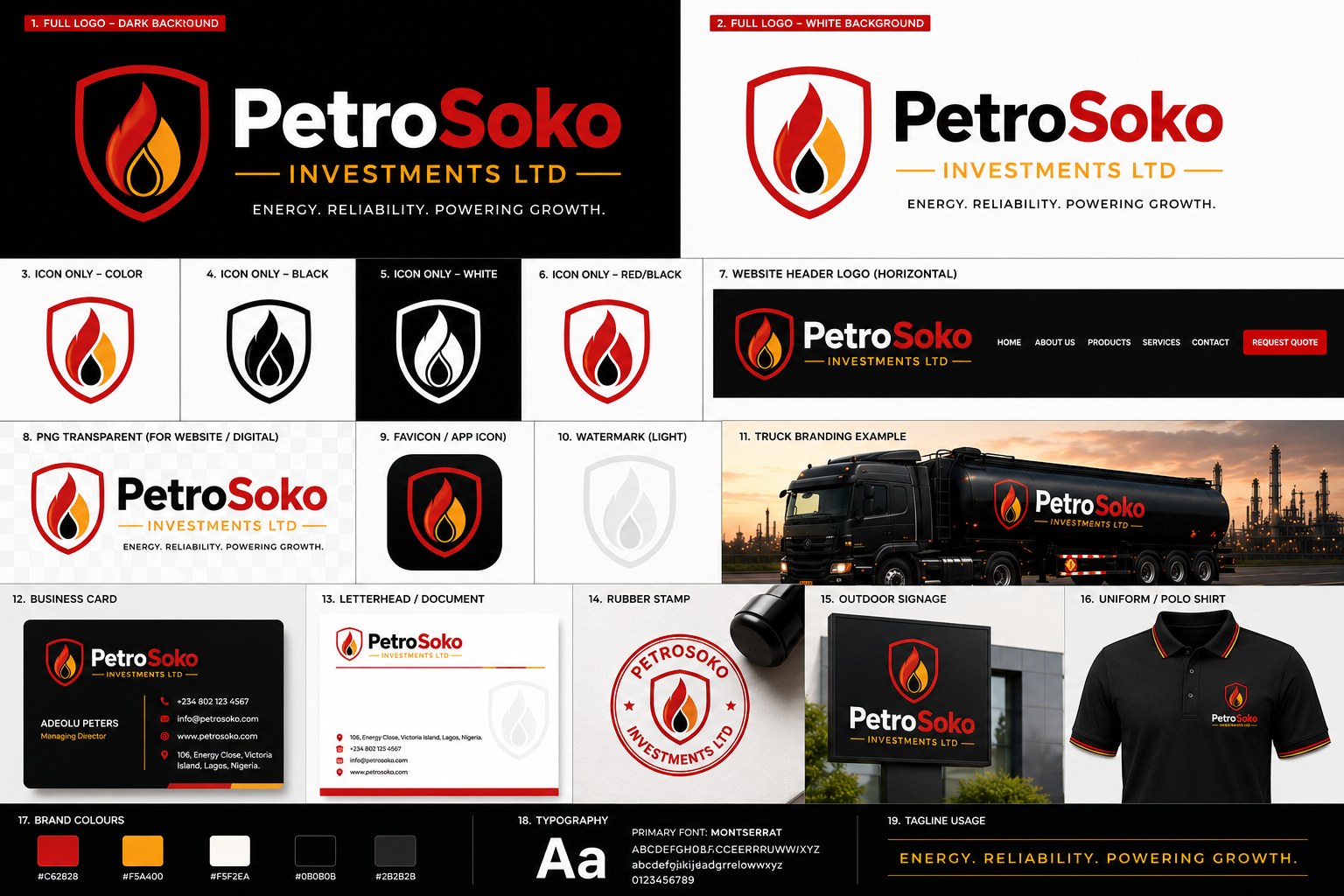 PetroSoko brand applications on truck, website, stationery and uniform